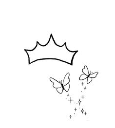 a black and white drawing of two butterflies with a crown on their head above them