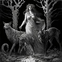 a woman with long hair standing next to two wolfs in a forest at night