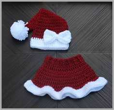 two crocheted hats with white and red trims, one in the shape of santa claus