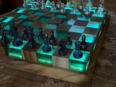 a glowing chess board with pieces on it