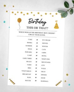 a printable birthday game for kids with gold stars and confetti on it