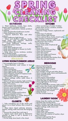 the spring cleaning checklist is shown with flowers and other things to do in it