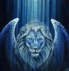 a painting of a lion with blue wings