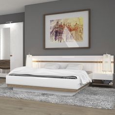 a modern bedroom with white furniture and gray walls