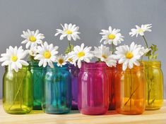 colorful mason jars with daisies in them