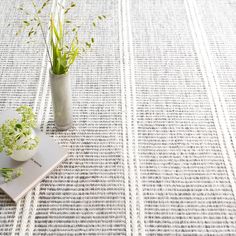 a white book and some plants on a table with a striped rug in the background