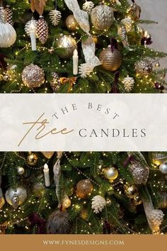 a christmas tree decorated with gold and silver ornaments is featured for the best pine candles