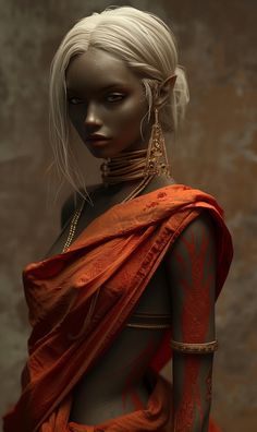 a mannequin with white hair wearing an orange sari and gold necklaces