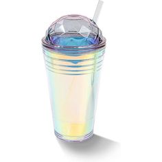 a rainbow colored cup with a straw sticking out of it's top and lid