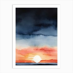 an abstract painting with the sun setting in the sky and clouds above it, as seen from