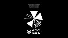 the adc est logo is shown in black and white, with an insect on it's back