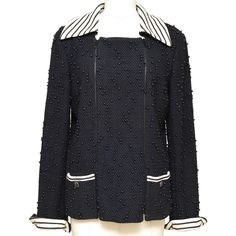 Chanel Pre-Spring 2017 Collection Navy Blue Beaded Tweed Jacket Design: - Navy Blue Tweed Jacket From The Pre-Spring 2017 Collection. - Beaded Accent. - Striped Accent At Collar, Lining Along Zipper And Cuffs. - Dual Front Zipper Closure. - Center Panel Can Be Removed And Worn As An Open Jacket. - Dual Front Pockets. - Buttons At Sleeve Ends. - Fully Lined In Signature Print And Silver-Tone Metal Chain Trim. - Beautiful Collectible Piece! Fabric: 39% Vinyon, 25% Cotton, 23% Nylon, 13% Polyester; Lining 100% Silk Size: 40 Measurements (Approximate Laid Flat): - Shoulder To Shoulder: 16.5" - Underarm To Underarm: 19" - Sleeve Length: 25.5" (Uncuffed) - Total Length: 24.5" (Tip Of Rear Neck Chanel Blazer, Blue Tweed Jacket, Chanel Jacket, Open Jacket, Blue Tweed, Signature Print, Jacket Blazer, Jacket Design, Spring 2017