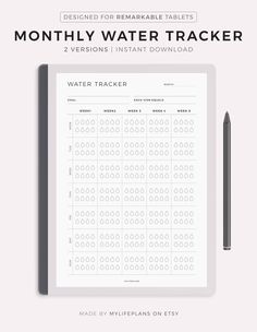 the printable water tracker is shown on top of a notepad with a pen next to it