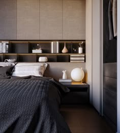 a bed sitting next to a book shelf filled with books and vases on top of it