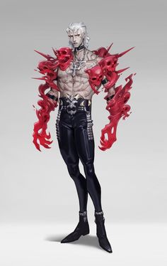 a man in black and red is standing with his hands on his hips while wearing demon wings