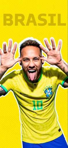 a man with his hands up in front of him and the words brasil on it