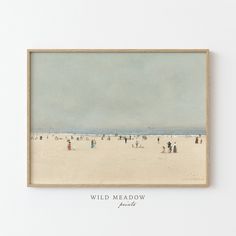 a painting of people walking on the beach in front of an ocean and sky background