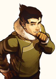 a drawing of a young man in a green shirt with a fur collar and brown pants