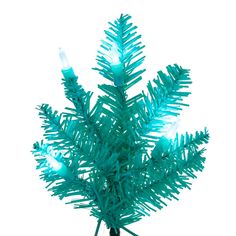 a blue christmas tree with white lights on it's branches is shown in front of a white background