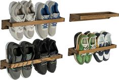 three wooden shelves with shoes on them and one shelf holding several pairs of tennis shoes