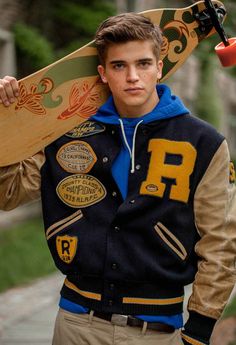 I would wear this if I could pull it off, but not the skateboarding part River Viiperi, Rugby Ralph Lauren, Ralph Lauren Fall, Varsity Letterman Jackets, College Jackets, Preppy Men, Ralph Lauren Style, A Jacket, Letterman Jacket