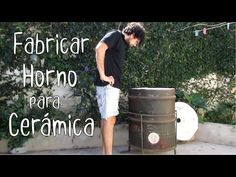 a man standing next to a large barrel near a wall with vines on it and the words fabricar hormo para ceramica