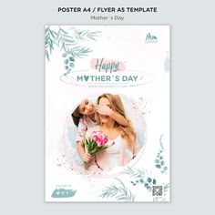 a mother's day poster with two women hugging each other and flowers in the background