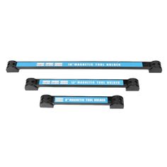 the front and back of two blue plastic tool bars with black handles on white background