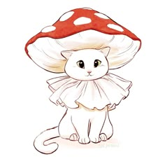 a drawing of a white cat with a red mushroom on it's head and dress