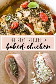 chicken with pesto sauce and parmesan cheese in a casserole dish