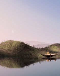 two people sitting on a small boat in the middle of a body of water with hills behind them