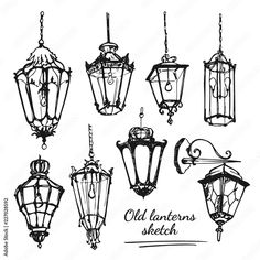 an old - fashioned street light set in black and white with the words old lanterns sketched on it