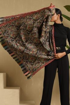 Black shawl with kalamkari embroidery and fringe tassel border. - Aza Fashions Stoles And Scarves, White Stole, Woven Shawls, Brown Shawl, Black Shawl, Pakistani Wedding Outfits, Stole Scarf, Black Thread, Pakistani Wedding