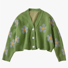 - Excellent Condition (Never Worn) - Brand: Jkerther (Bought On Amazon) - V Neck Long Sleeve Cardigan - Green Preppy Mode, Floral Print Sweater, Cardigan Sweater Coat, Estilo Preppy, Short Cardigan, Knitted Coat, Moda Vintage, Knitting Women Sweater, Cardigan Sweaters For Women