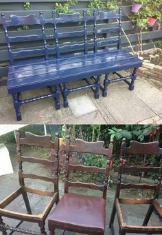 two photos side by side one has a blue bench and the other has a brown leather seat