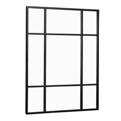 an open window on a white wall with black frame and clear glass, viewed from the side