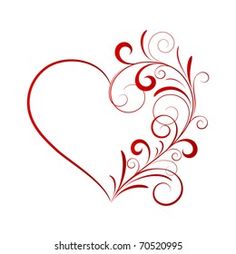 a red heart with swirls and leaves on a white background