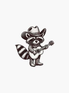 a raccoon wearing a cowboy hat and holding a guitar in its paws, while playing the guitar