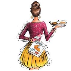 a drawing of a woman holding a tray of food in her hand and wearing a dress