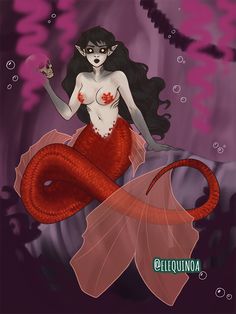 a drawing of a mermaid with long black hair and red fish tail, sitting on a purple background