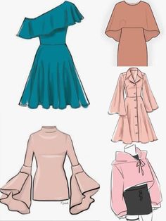 four different types of dresses with long sleeves and bell sleeves, all in various colors