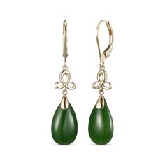 These nephrite jade dangle earrings add an intriguing touch of elegance to your wardrobe. Crafted in 14K yellow gold Each earring features a trefoil bridge that holds a pear-shaped nephrite jade drop The earrings secure with lever backs Elegant Jade Teardrop Earrings, Elegant Teardrop Jade Earrings, Elegant Yellow Gold Jade Earrings, Teardrop Dangle Earrings, Nephrite Jade, Accessories Jewelry Earrings, Pear Shaped, Beautiful Jewelry, Apparel Accessories