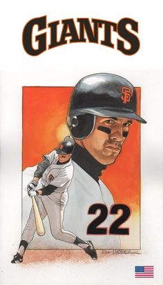 a painting of a baseball player with the number 22 on his jersey and helmet, holding a bat