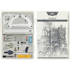 an assortment of tools are displayed in a plastic box on a white background, including scissors, rulers and pencils