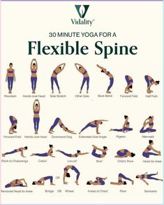 a woman doing yoga poses with the words 30 minute yoga for a flexible spine