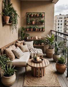 a balcony with potted plants on the wall and a couch, coffee table, and rug