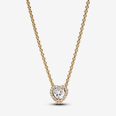 Make a statement with the Sparkling Heart Collier Necklace. This 14k gold-plated necklace is inspired by classic design elements from the Pandora Timeless collection. Featuring a raised heart-shaped central stone surrounded by a halo of clear cubic zirconia, the necklace also has a rectangular tag near the clasp with an engraved Pandora logo. Adjust the necklace length to suit your style and wear with other heart-shaped pieces for a look filled with love. - Pandora Sparkling Heart Collier Neckla Pandora Logo, Pandora Heart, Halo Necklace, Gold Heart Necklace, Gold Plated Necklace, Necklace Length, Design Element, Necklace Gold, Heart Necklace