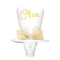 Mrs. Bride Hat - Foam Party Hats Inc White High Crown Top Hat For Party, Adjustable Hats For Party At Carnival, Novelty High Crown Costume Hats For Parties, Adjustable Top Hat For Carnival Party, Adjustable Hats For Carnival Party, Gold Halloween Party Costume Headpiece, Whimsical White Costume Hats And Headpieces For Party, Gold Costume Hat With Tall Crown For Parties, Fitted Tall Crown Hat For Party