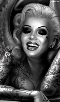 a drawing of a woman with tattoos on her arms and chest, smiling at the camera