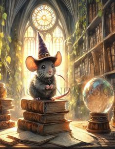 a mouse in a wizard's hat is sitting on top of books and looking at the camera